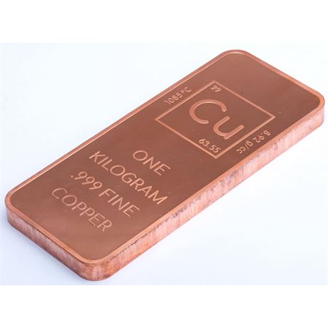 1 Kilo .999 Pure Copper Bar Bullion with Element Design