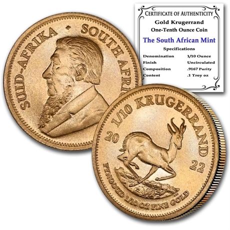 2022 1/10 oz South African Gold Krugerrand Coin Brilliant Uncirculated